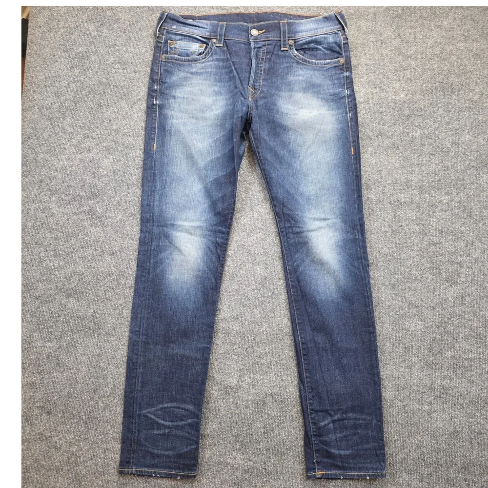 True Religion Rocco Relaxed Skinny Jeans Mens 36X34 Blue Denim Button Fly USA